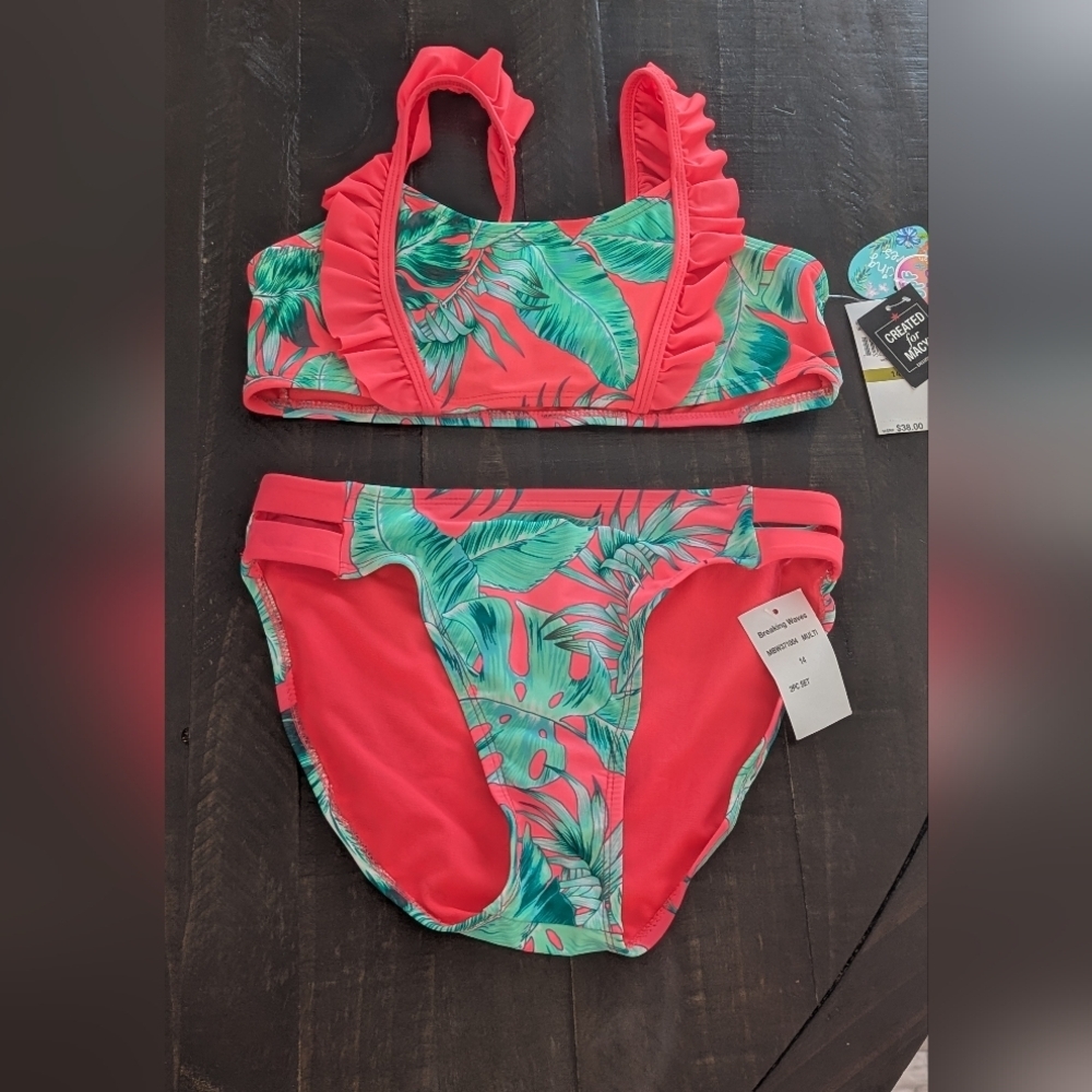 Macy's Coral and Green Ruffle Tropical Two-Piece Swim Set